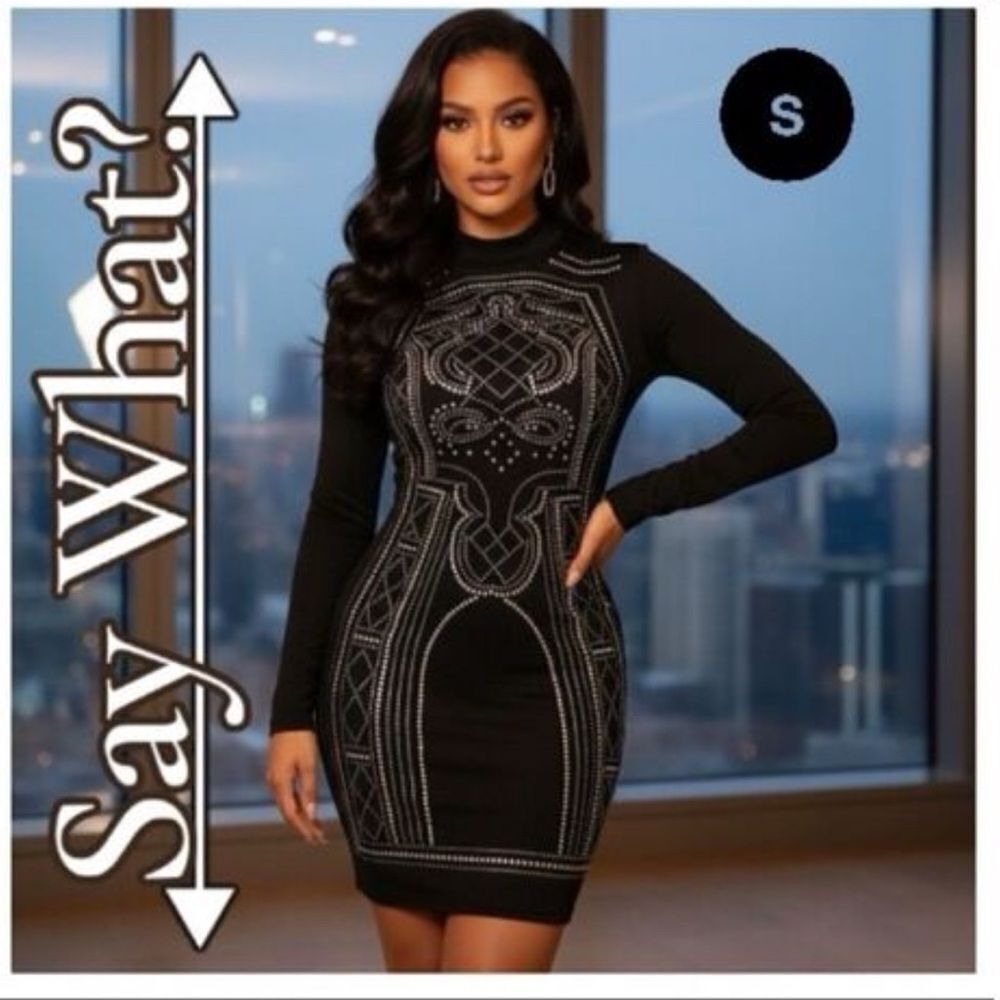 Say What? Women's S Rhinestone Embellished Bodycon LS Dress Black Stretchy
